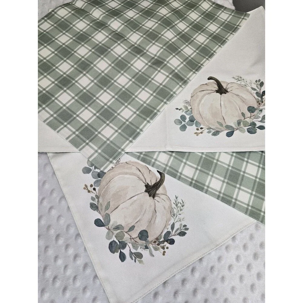 Reversible Fall Pumpkin Plaid Placemats Set Robert Stanley Eucalyptus Watercolor